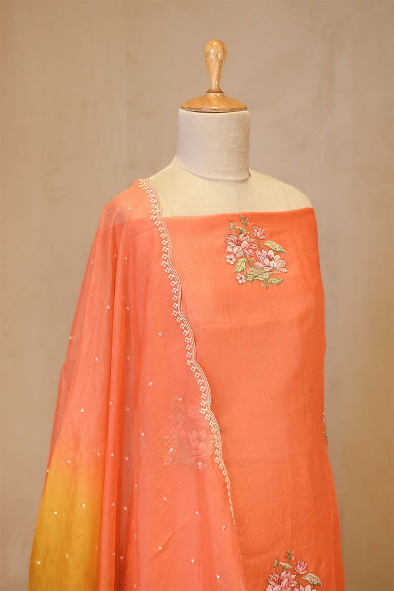 Peach and Yellow Shaded Organza Silk Suit Set with Floral Embroidery