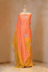 Peach and Yellow Shaded Organza Silk Suit Set with Floral Embroidery