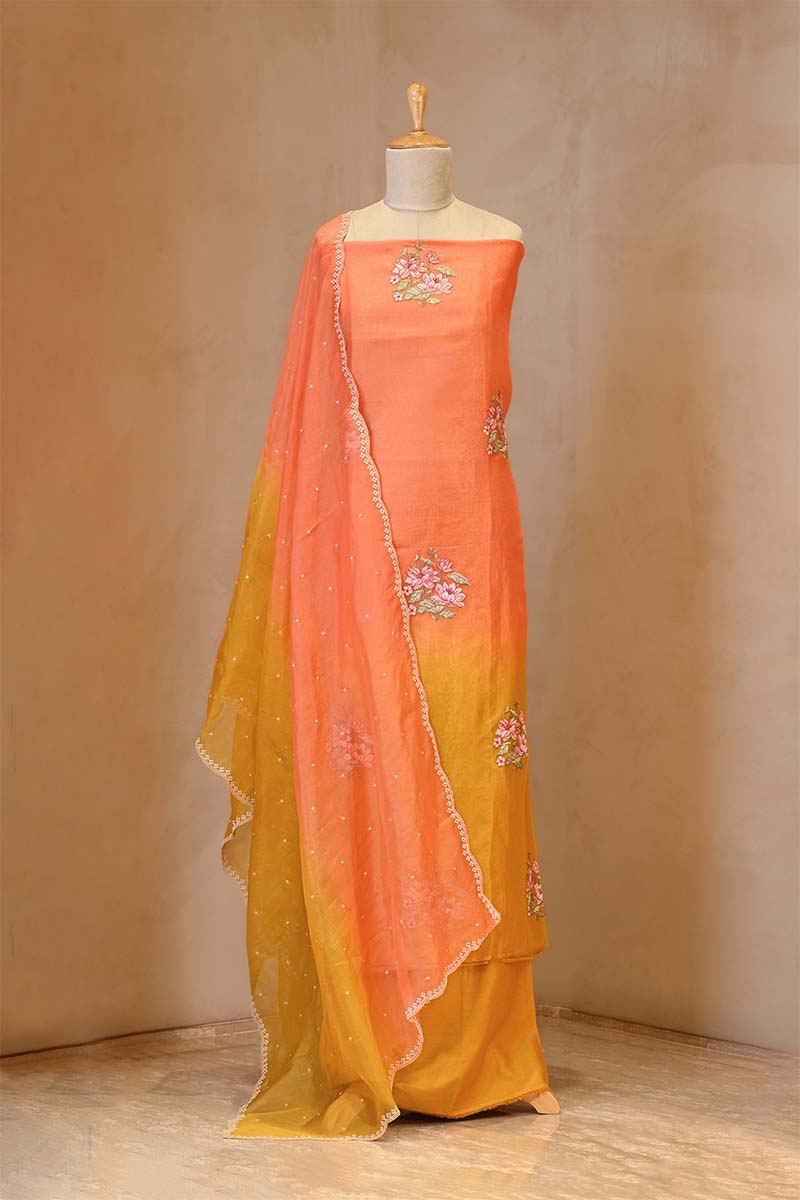 Peach and Yellow Shaded Organza Silk Suit Set with Floral Embroidery