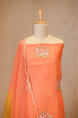 Peach and Yellow Shaded Organza Silk Suit Set with Floral Embroidery