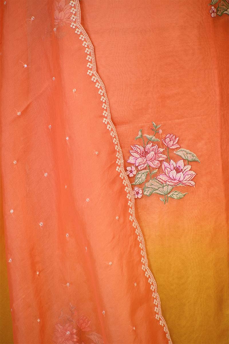Peach and Yellow Shaded Organza Silk Suit Set with Floral Embroidery
