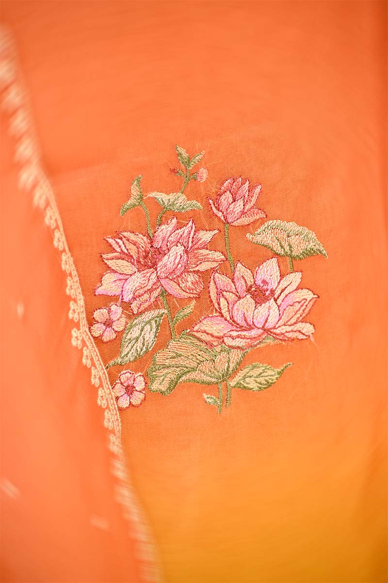 Peach and Yellow Shaded Organza Silk Suit Set with Floral Embroidery