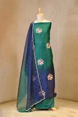 Green and Blue Shaded Organza Silk Suit Set with Floral Embroidery