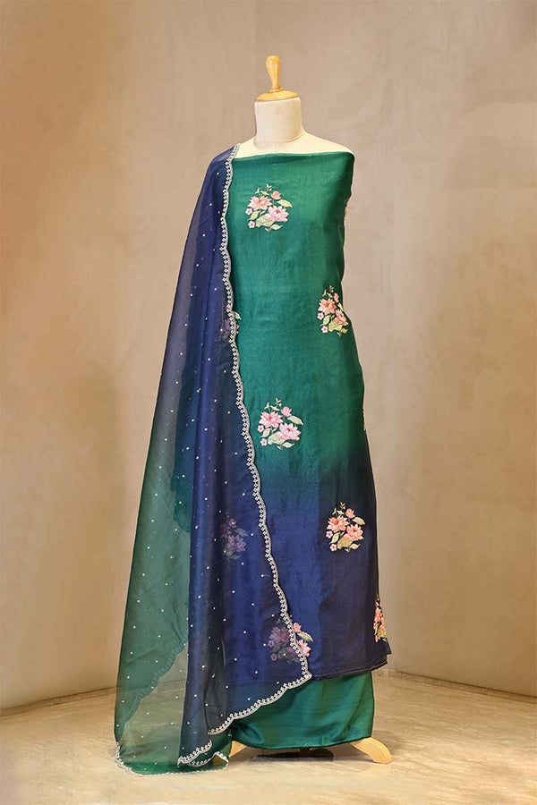 Green and Blue Shaded Organza Silk Suit Set with Floral Embroidery