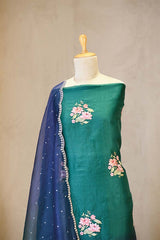 Green and Blue Shaded Organza Silk Suit Set with Floral Embroidery