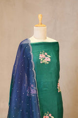 Green and Blue Shaded Organza Silk Suit Set with Floral Embroidery