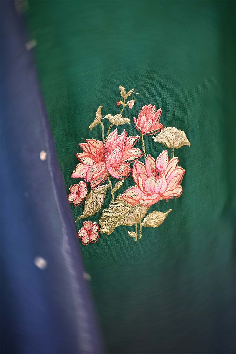 Green and Blue Shaded Organza Silk Suit Set with Floral Embroidery