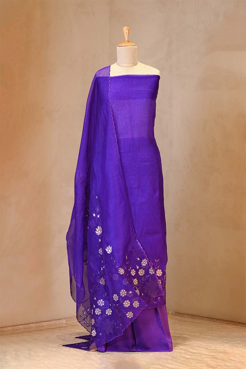 Purple Organza Silk Salwar Suit Set with Appliqué Floral Work