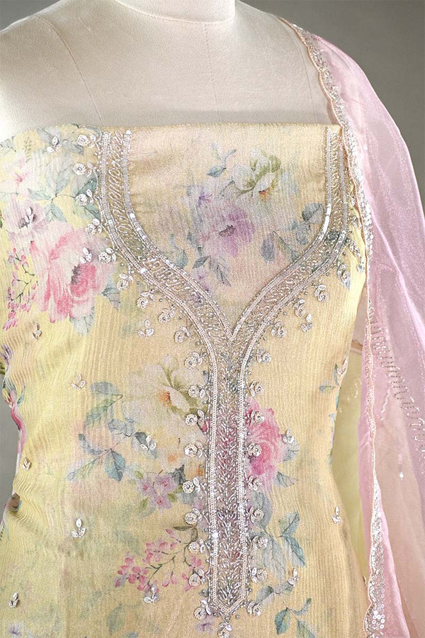 Yellow Tissue Silk Salwar Suit with Floral Prints