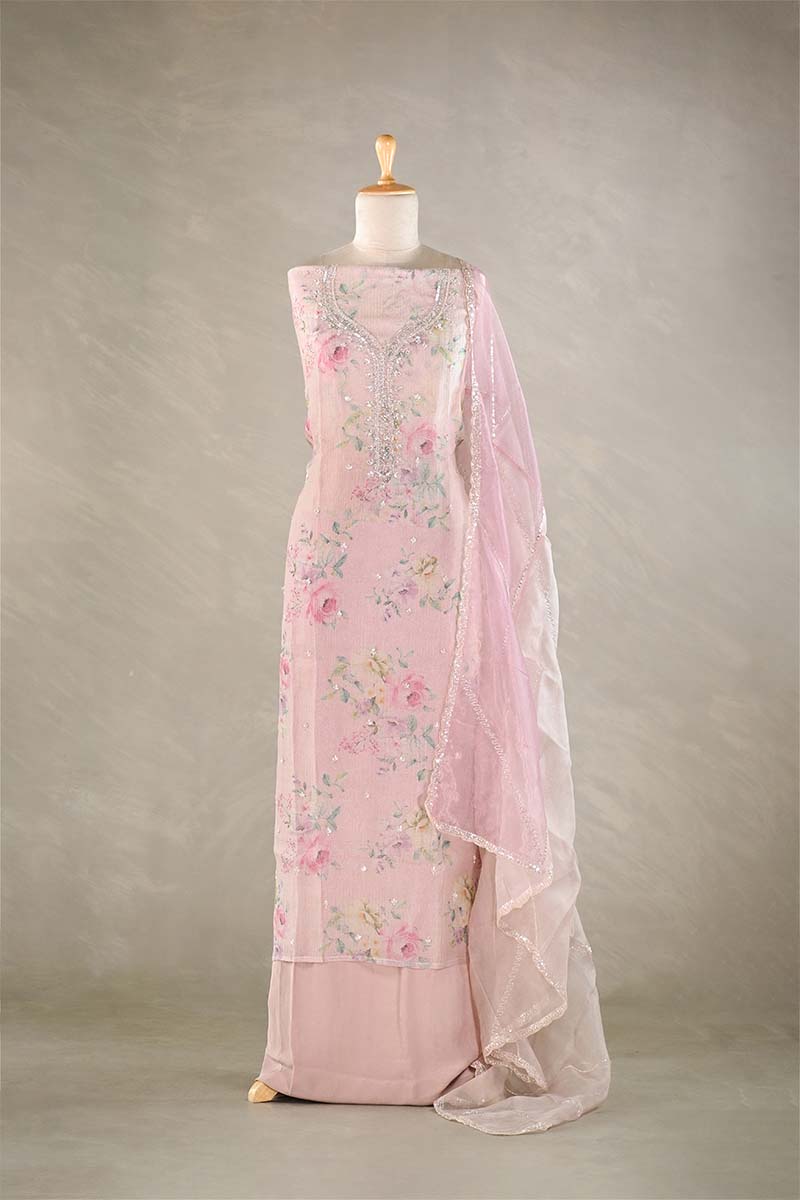 Pink Tissue Silk Salwar Suit with Floral Prints