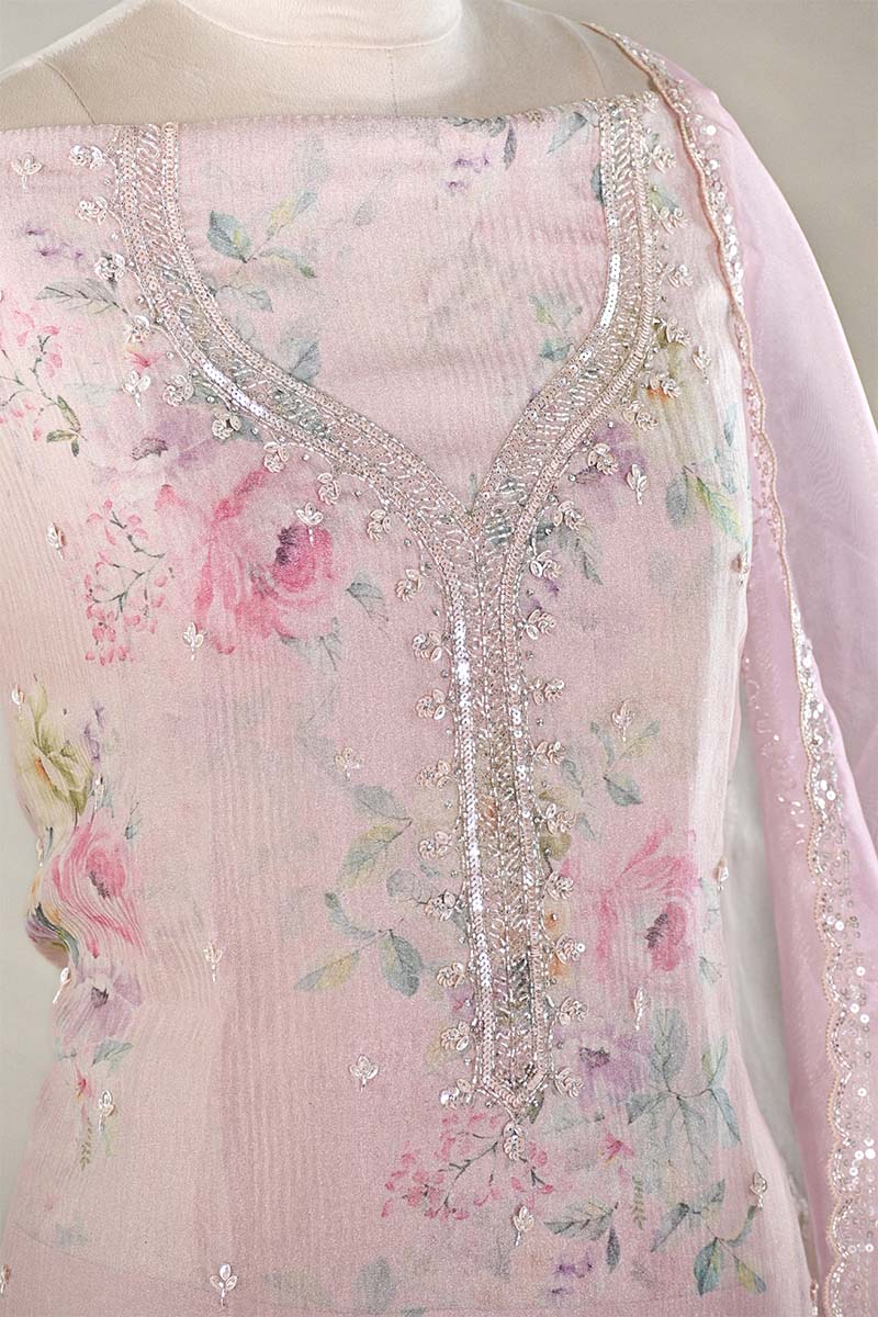 Pink Tissue Silk Salwar Suit with Floral Prints