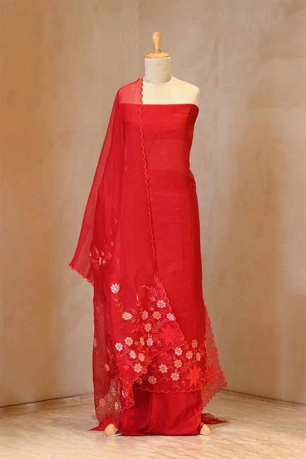 Red Organza Silk Salwar Suit Set with Appliqué Floral Work