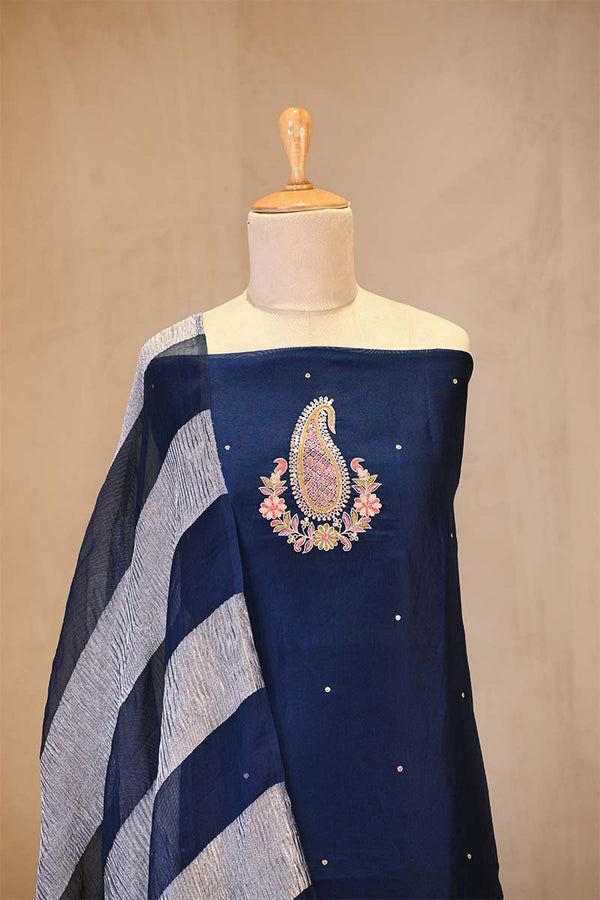 Navy Blue Organza Silk Salwar Suit Set with Aari Handwork
