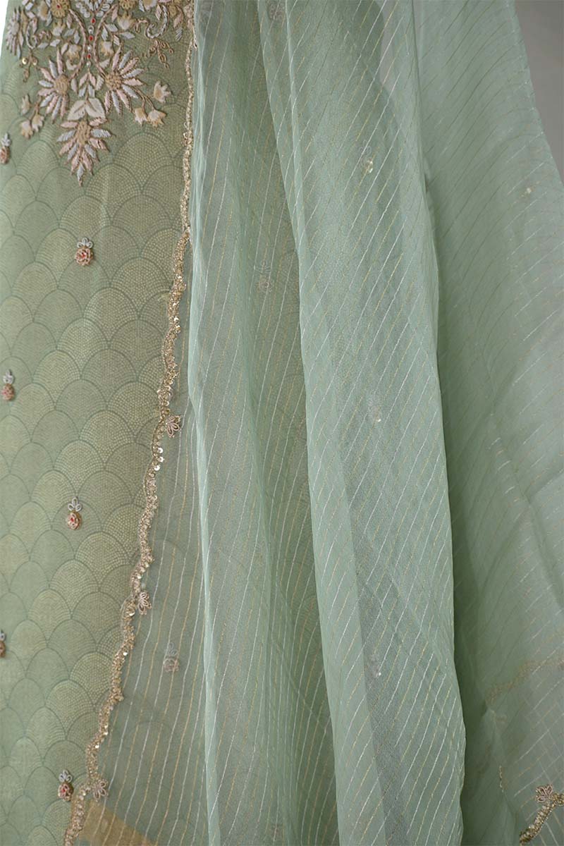 Sage Green Tissue Silk Salwar Suit with Floral Hand Embroidery