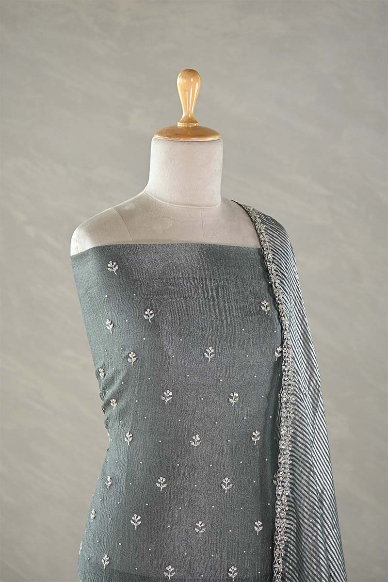 Green Grey Tissue Silk Salwar Suit with Mayur Motif Dupatta