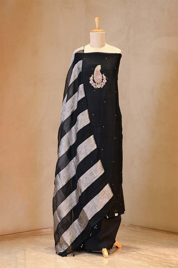 Black Organza Silk Salwar Suit Set with Aari Handwork