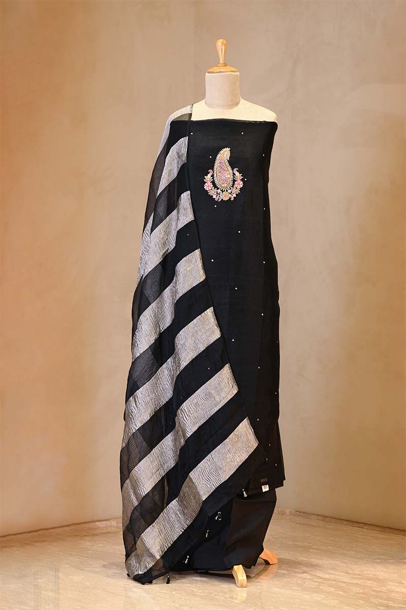 Black Organza Silk Salwar Suit Set with Aari Handwork