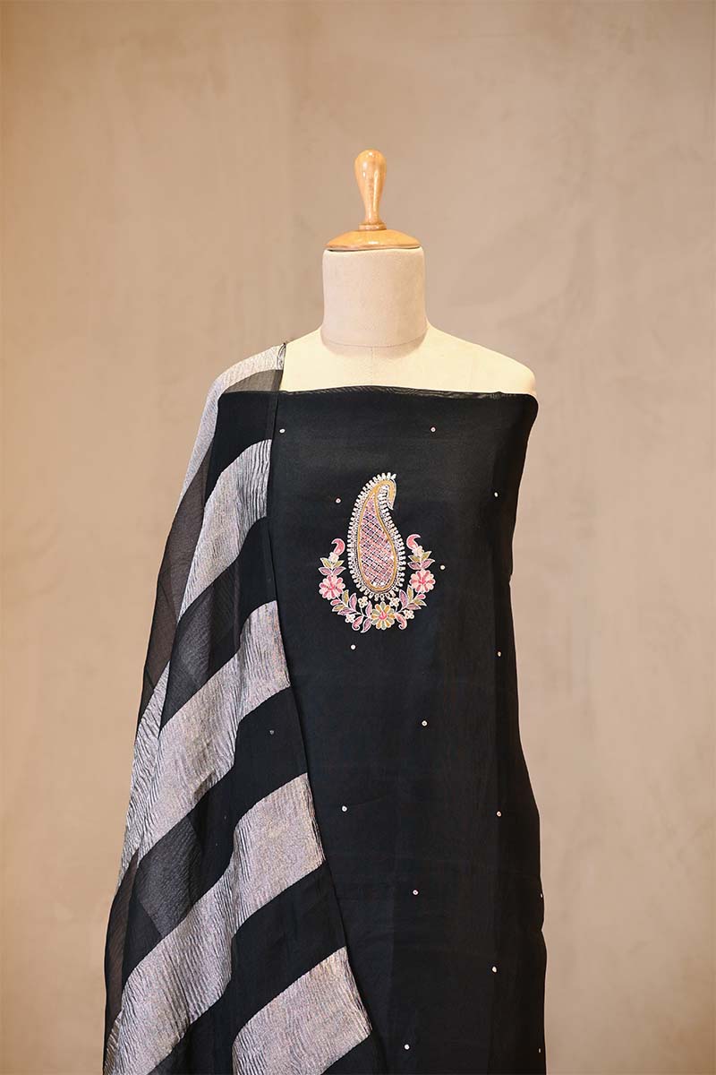 Black Organza Silk Salwar Suit Set with Aari Handwork