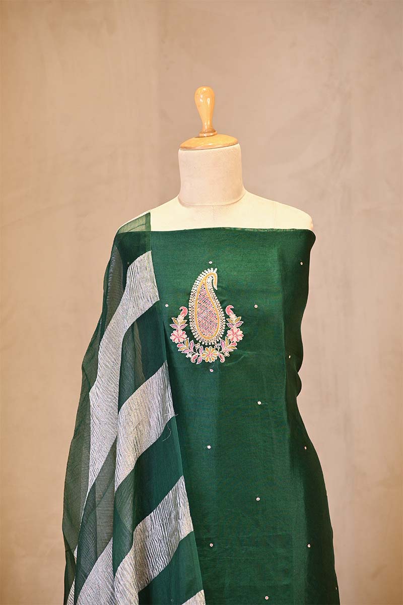 Bottle Green Organza Silk Salwar Suit Set with Aari Handwork
