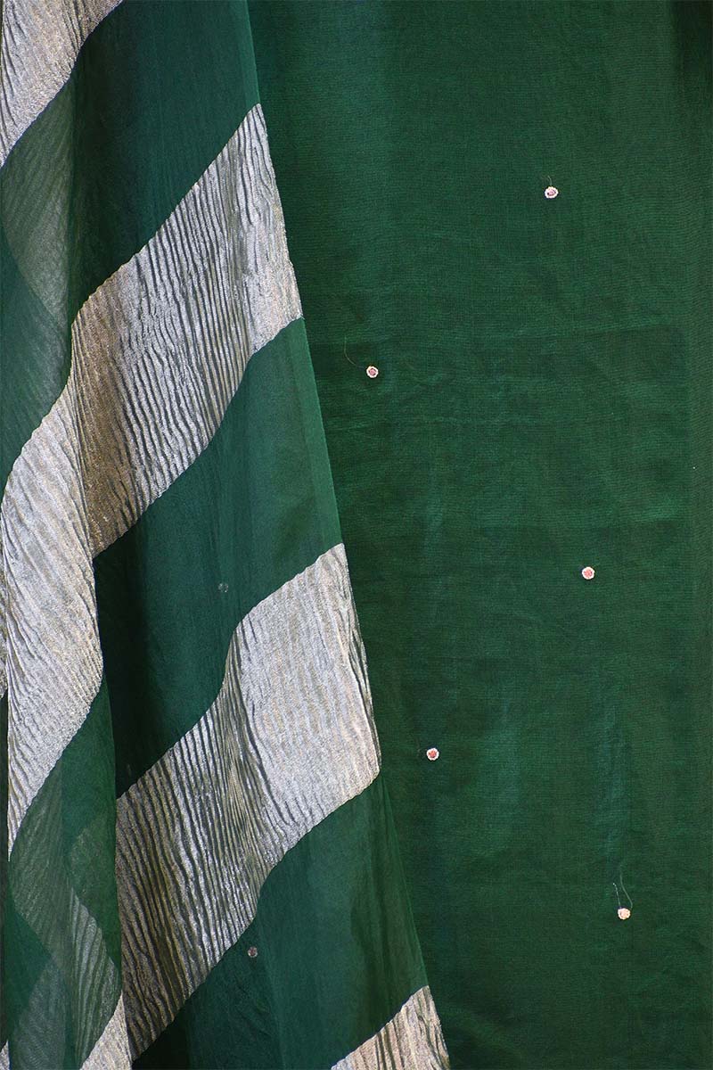 Bottle Green Organza Silk Salwar Suit Set with Aari Handwork