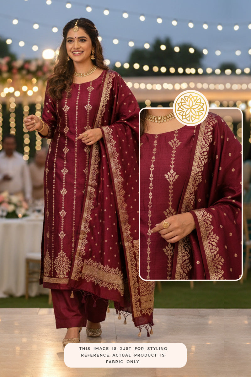Woman wearing a maroon Banarasi silk suit set, standing in outdoor wedding setting.