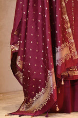 Maroon Chiniya Silk Salwar Suit Set with Contrast Dupatta