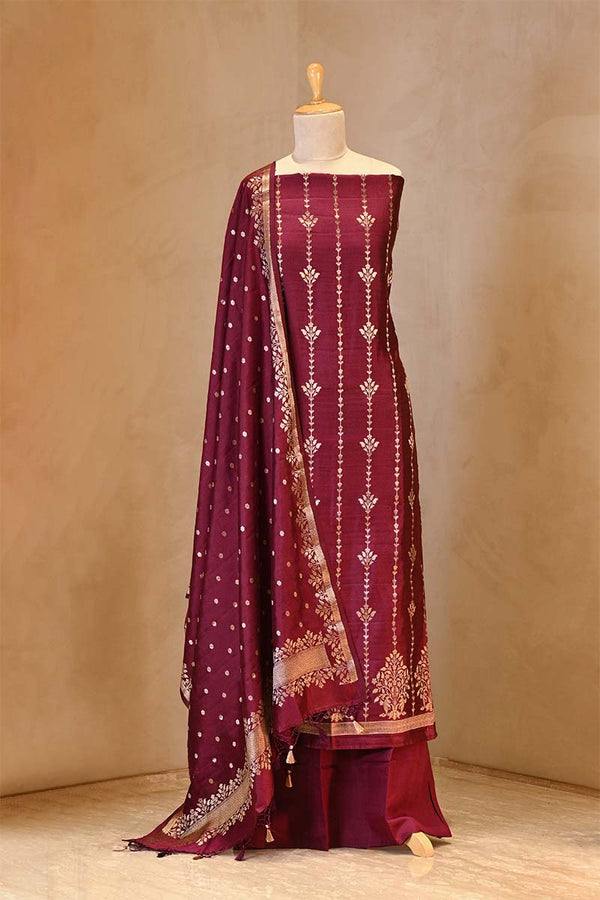 Maroon Chiniya Silk Salwar Suit Set with Contrast Dupatta