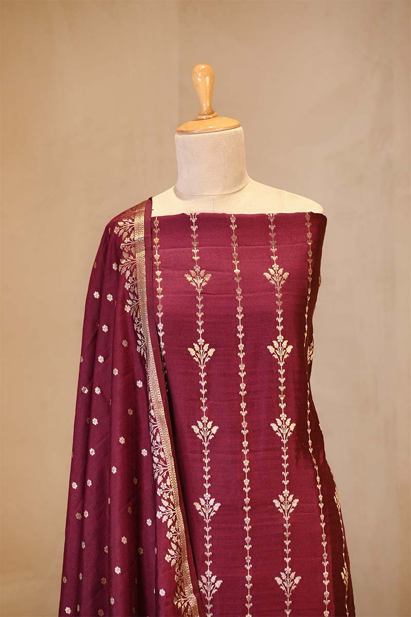 Maroon Chiniya Silk Salwar Suit Set with Contrast Dupatta