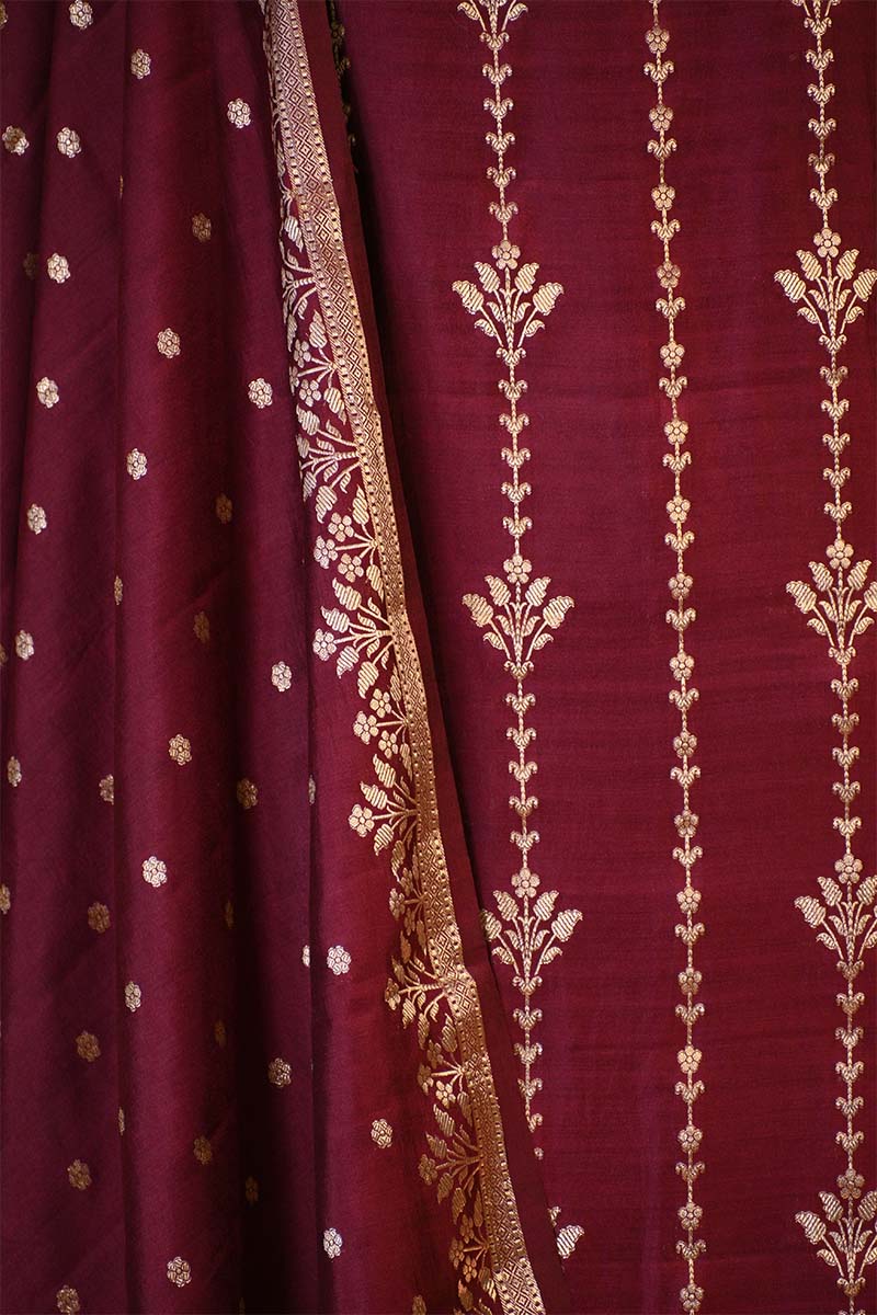 Maroon Chiniya Silk Salwar Suit Set with Contrast Dupatta