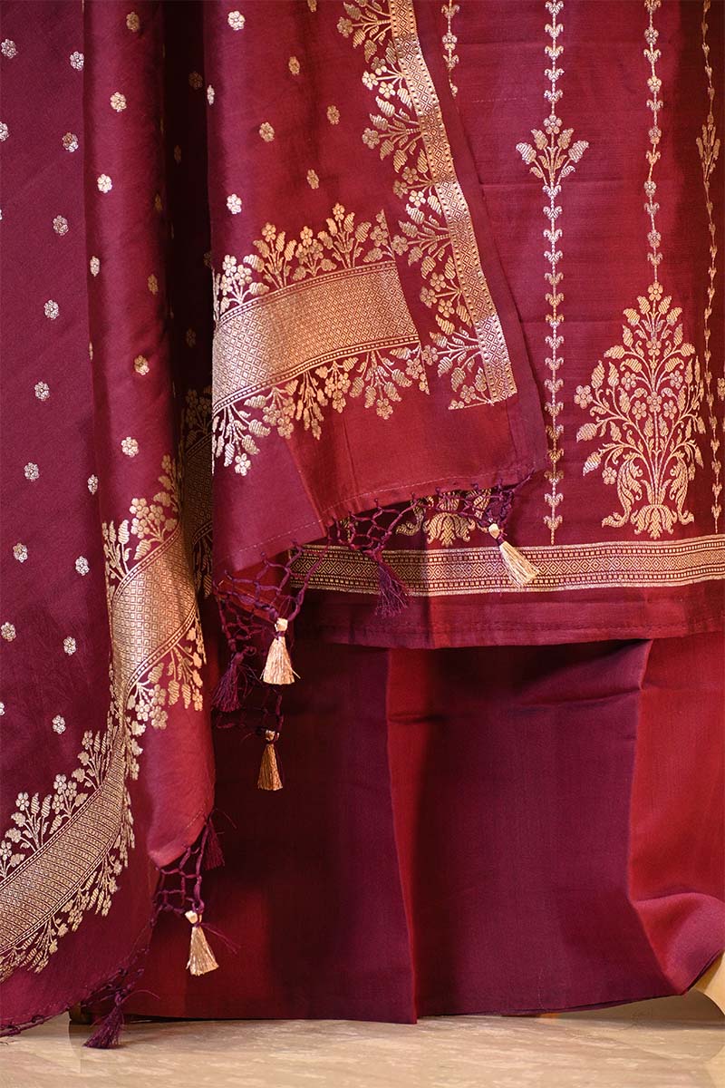 Maroon Chiniya Silk Salwar Suit Set with Contrast Dupatta