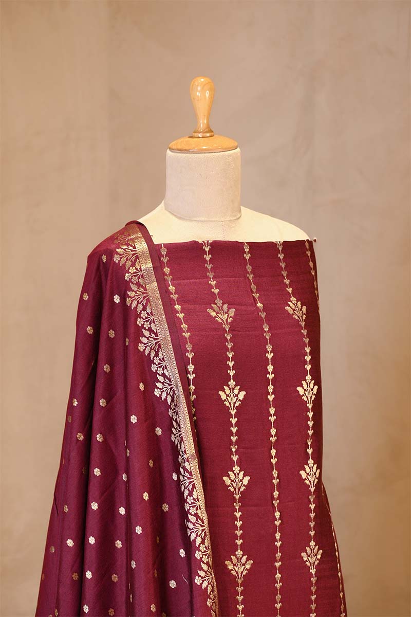 Maroon Chiniya Silk Salwar Suit Set with Contrast Dupatta
