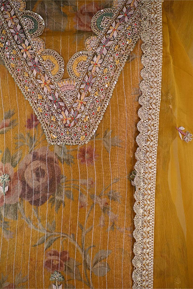 Mustard Yellow  Tissue Silk Salwar Suit with Floral Print