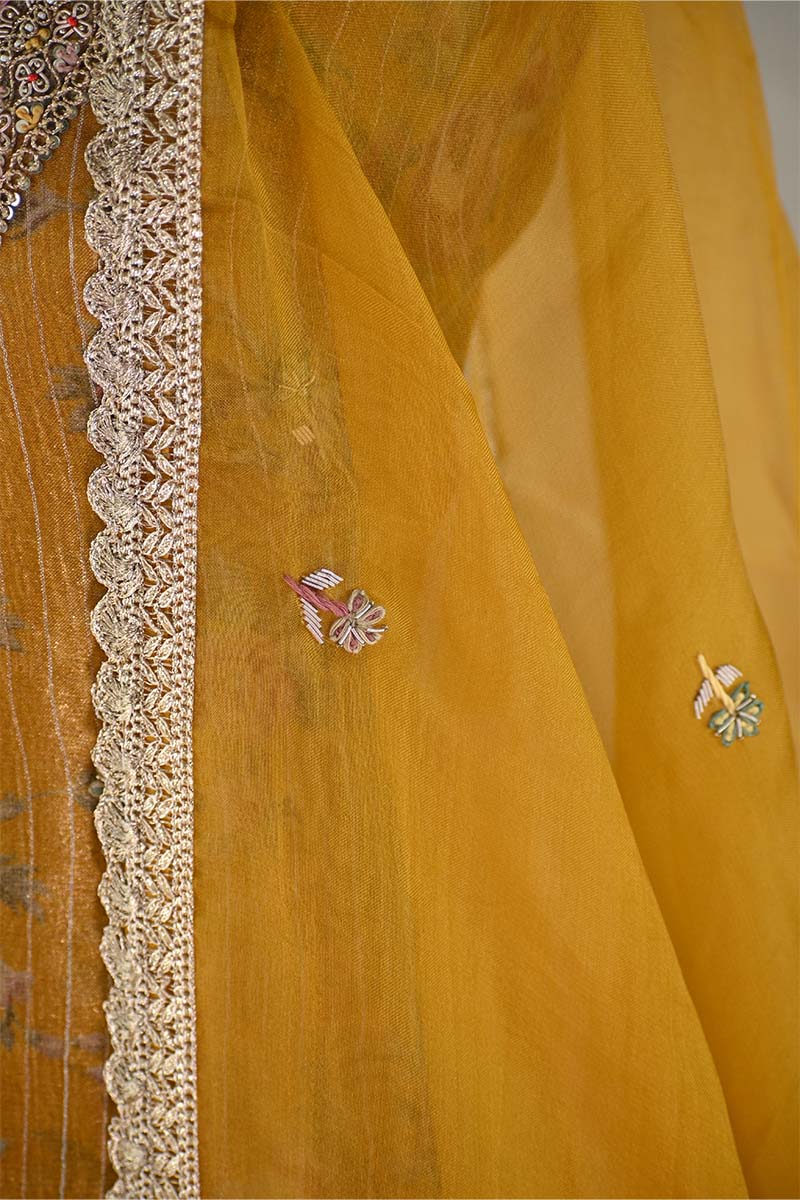Mustard Yellow  Tissue Silk Salwar Suit with Floral Print