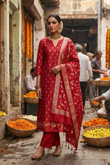 Red Chiniya Silk Salwar Suit Set with Floral Zari Motifs