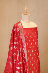 Red Chiniya Silk Salwar Suit Set with Floral Zari Motifs