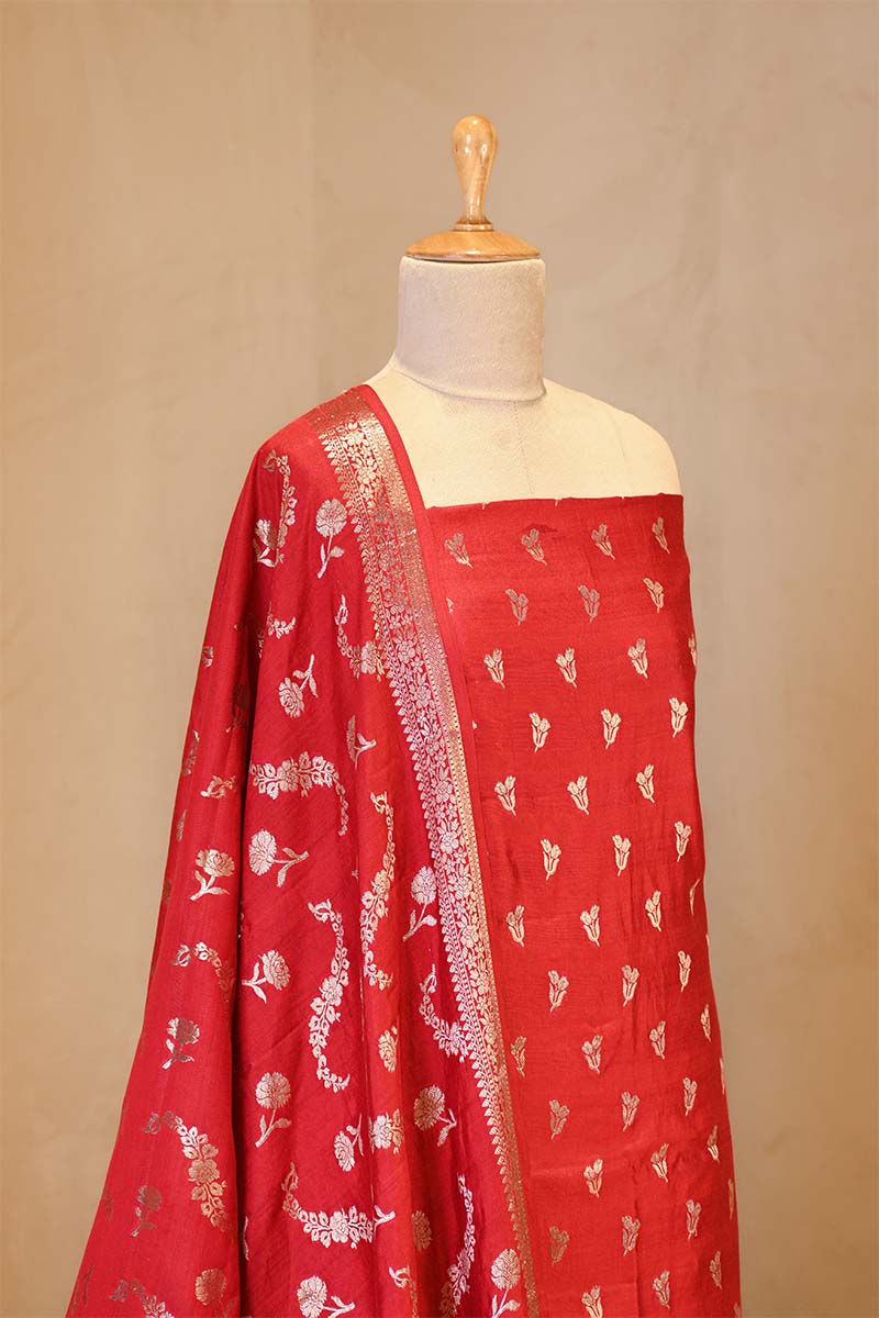 Red Chiniya Silk Salwar Suit Set with Floral Zari Motifs
