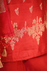 Red Chiniya Silk Salwar Suit Set with Floral Zari Motifs