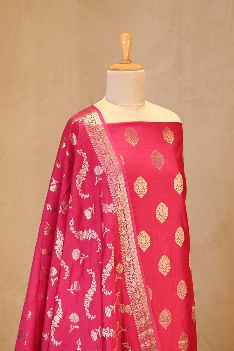 Pink Chiniya Silk Salwar Suit Set with Floral Zari Motifs