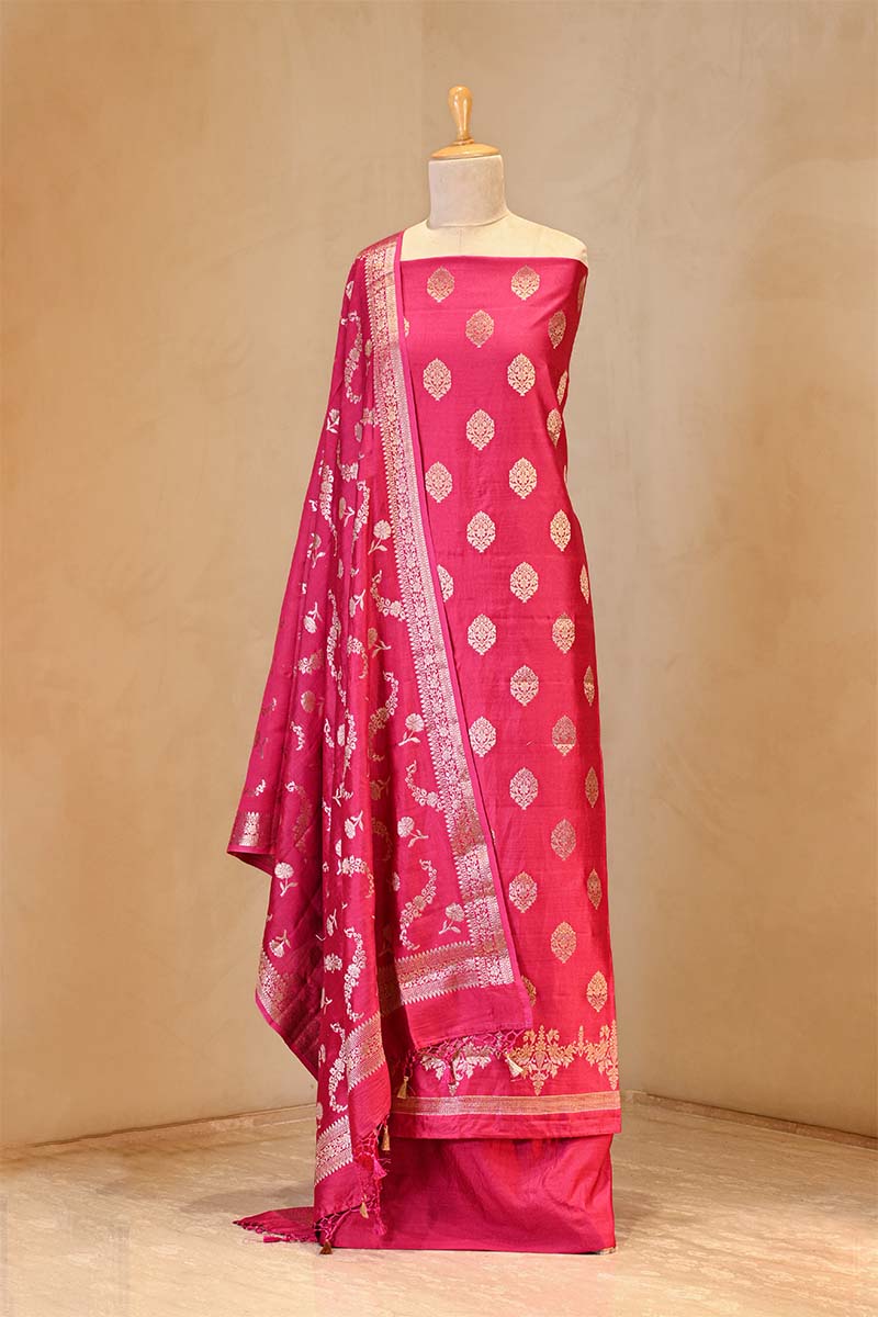 Pink Chiniya Silk Salwar Suit Set with Floral Zari Motifs
