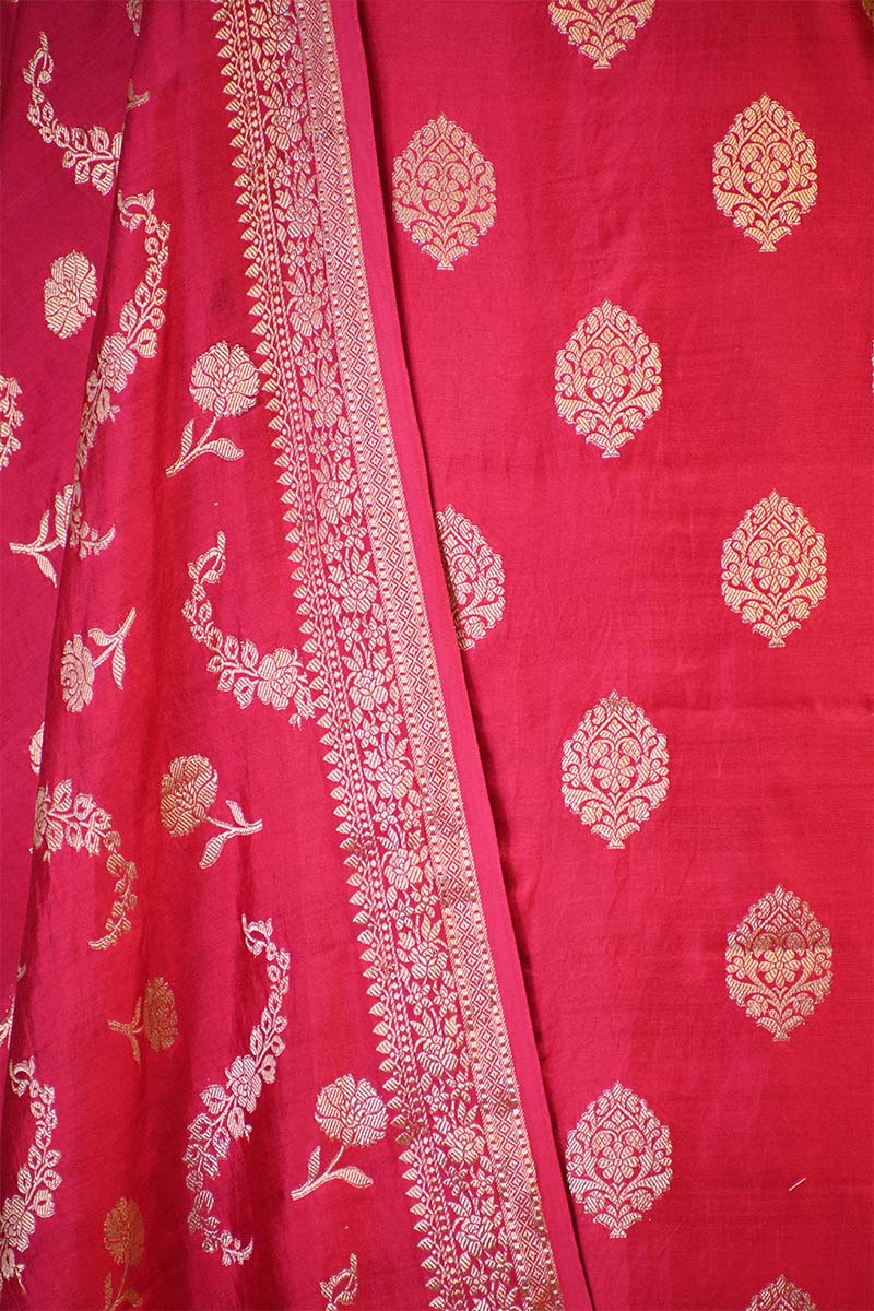 Pink Chiniya Silk Salwar Suit Set with Floral Zari Motifs