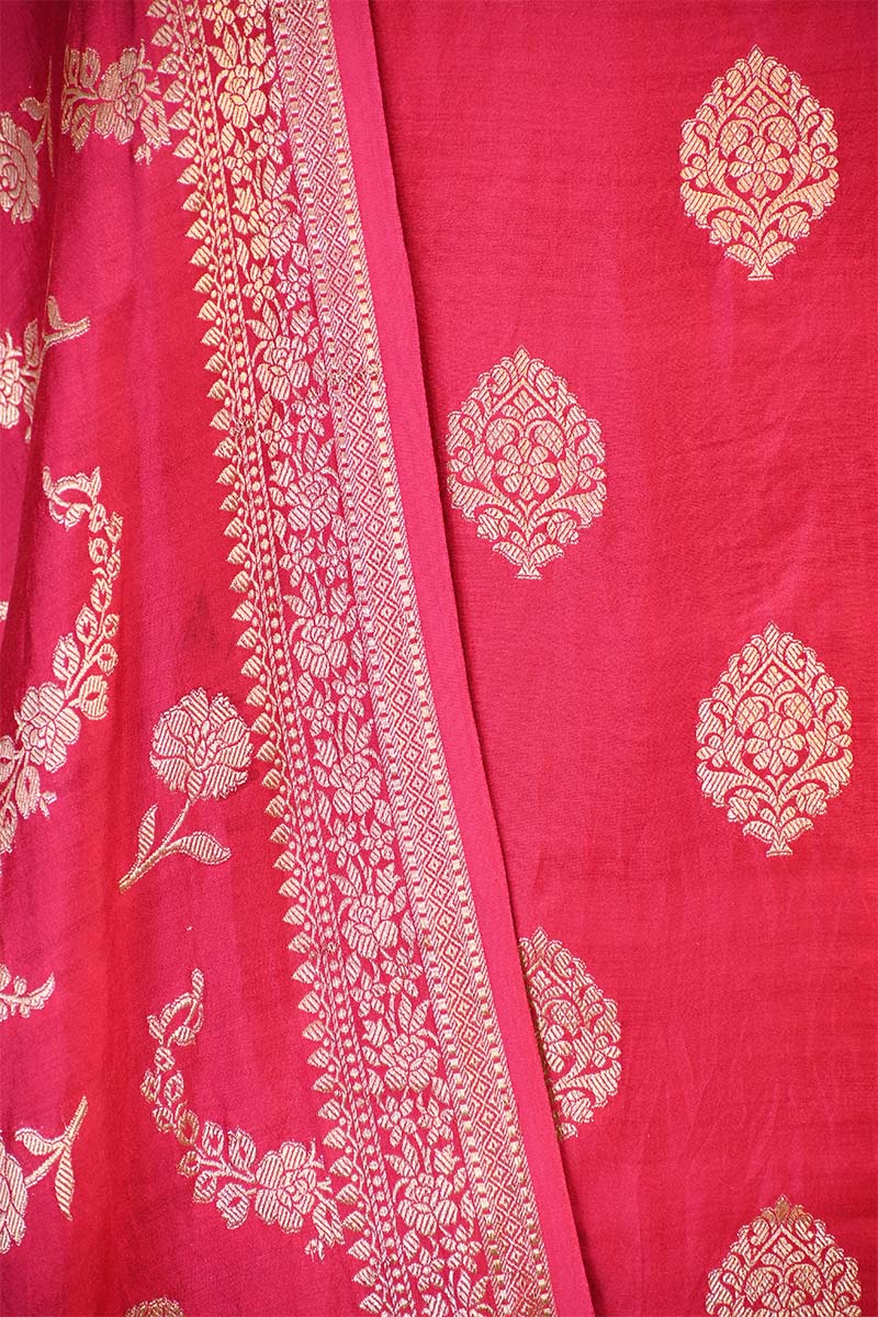 Pink Chiniya Silk Salwar Suit Set with Floral Zari Motifs