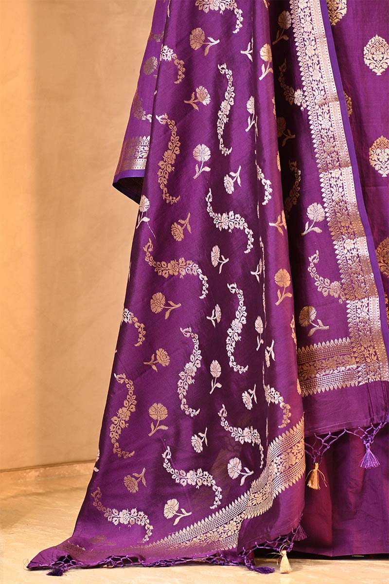 Purple Chiniya Silk Salwar Suit Set with Floral Zari Motifs