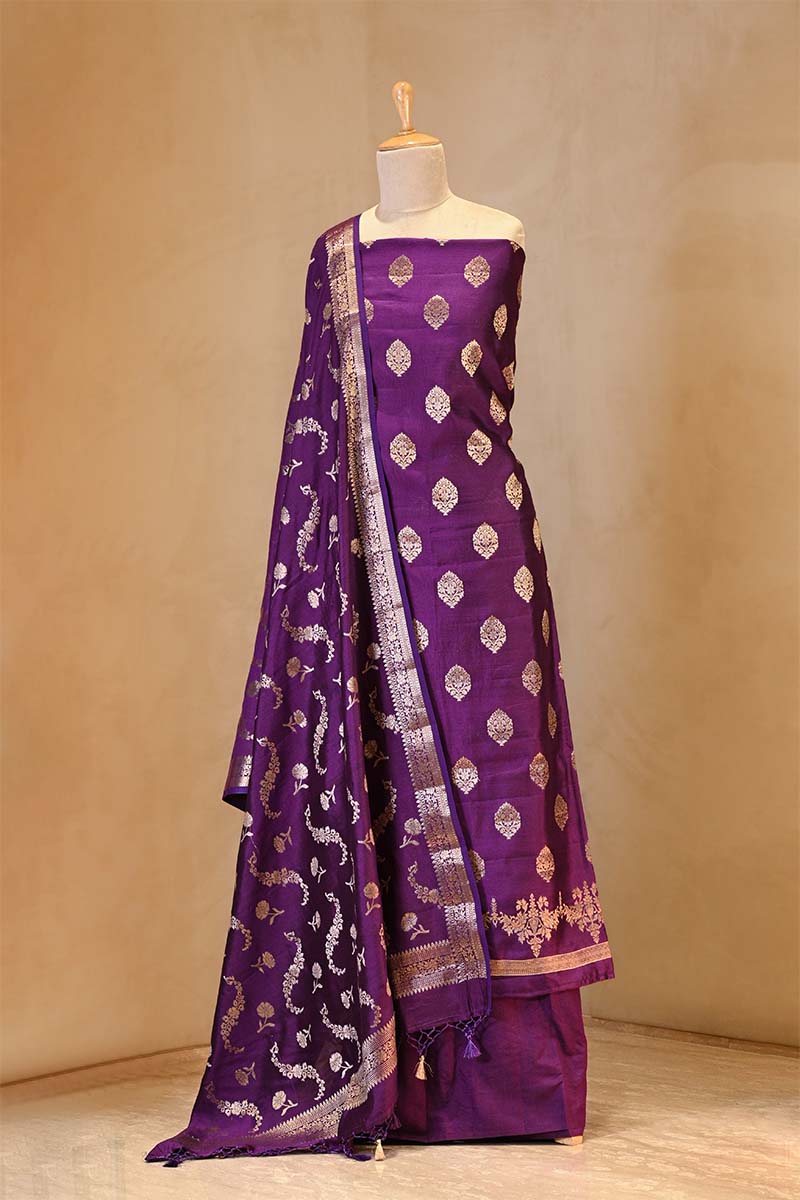 Purple Chiniya Silk Salwar Suit Set with Floral Zari Motifs