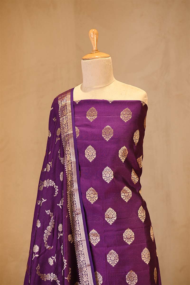 Purple Chiniya Silk Salwar Suit Set with Floral Zari Motifs