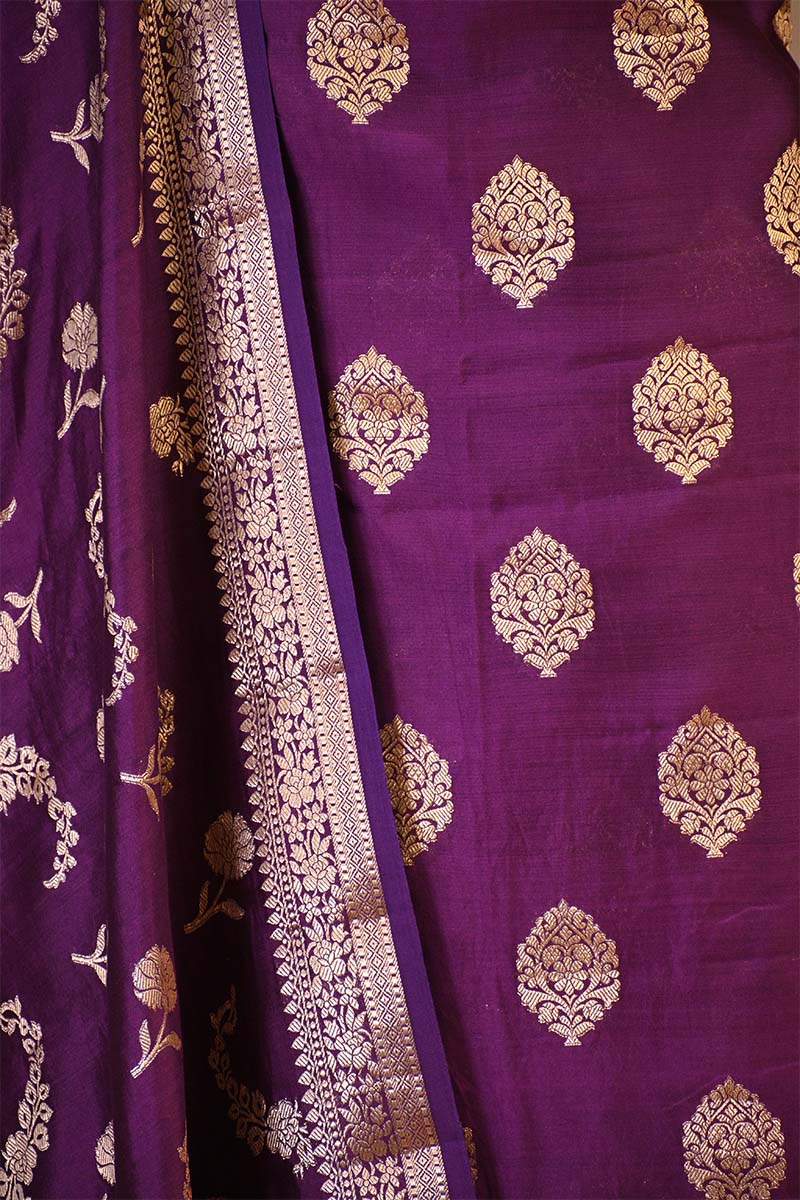 Purple Chiniya Silk Salwar Suit Set with Floral Zari Motifs