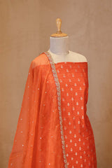 Orange Raw Silk Salwar Suit Set with Embellished Organza Dupatta