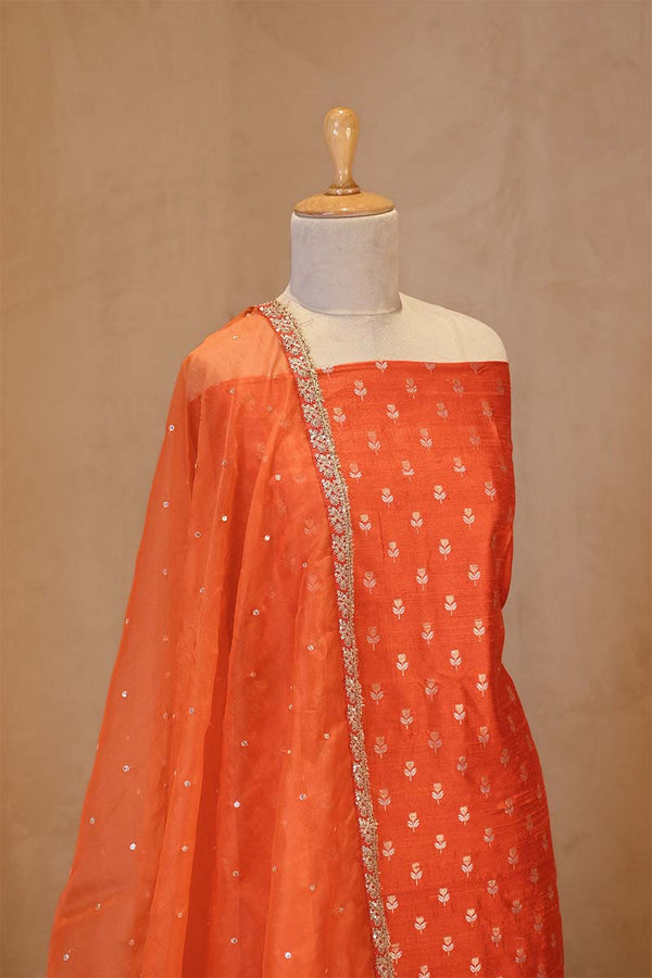 Orange Raw Silk Salwar Suit Set with Embellished Organza Dupatta