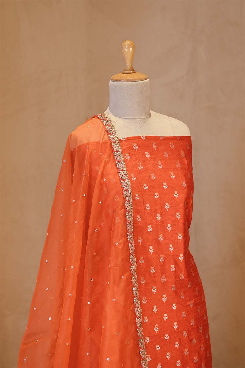 Orange Raw Silk Salwar Suit Set with Embellished Organza Dupatta