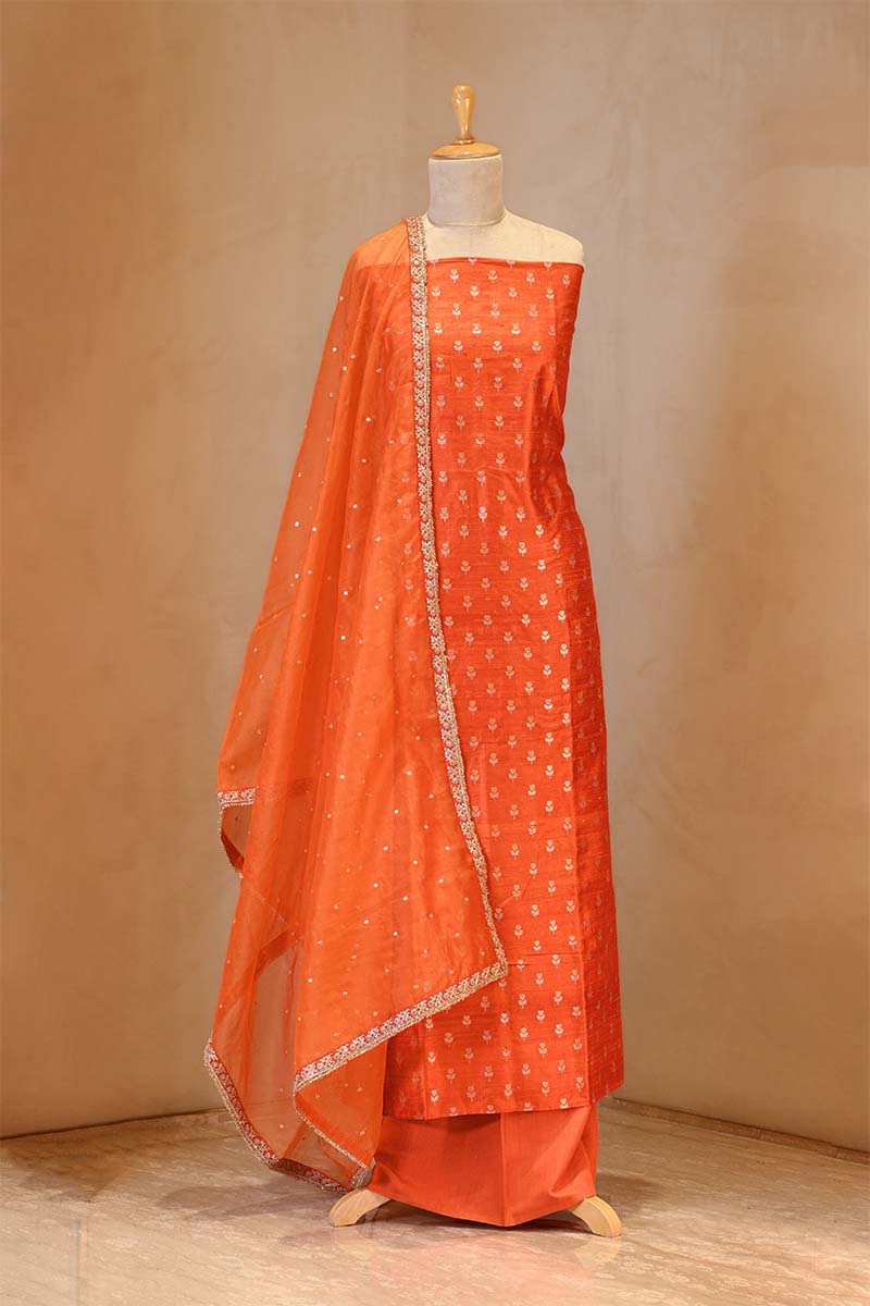 Orange Raw Silk Salwar Suit Set with Embellished Organza Dupatta