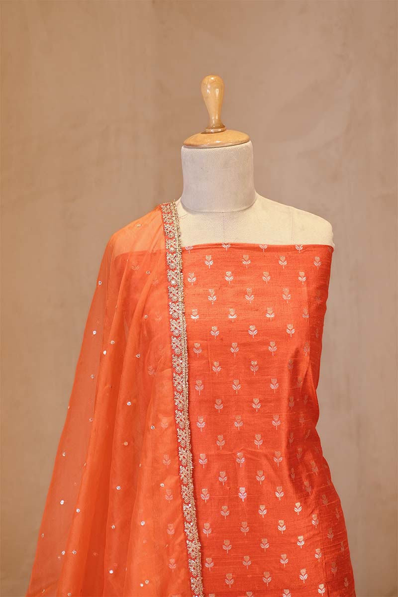 Orange Raw Silk Salwar Suit Set with Embellished Organza Dupatta